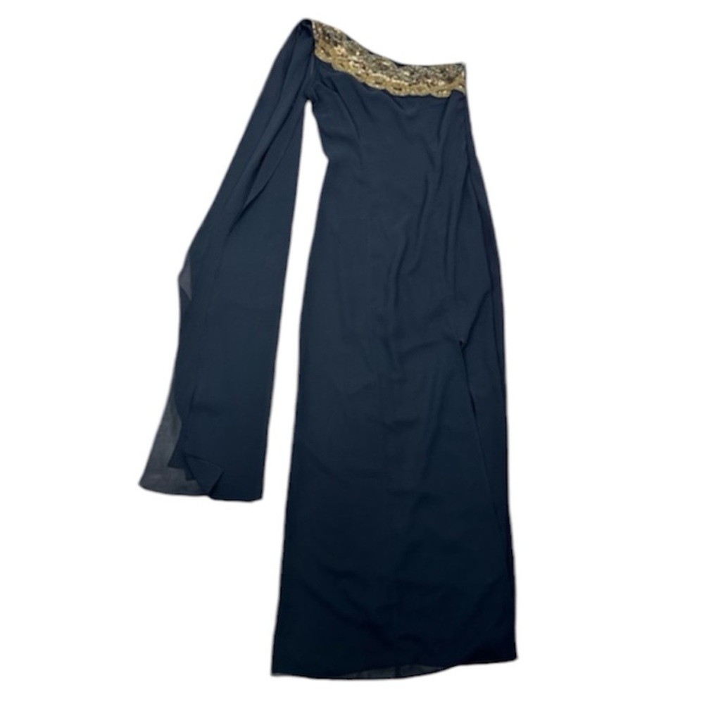 Jean-Louis Scherrer Black Gold Bead Cape Full Length One Shoulder Dress Gown